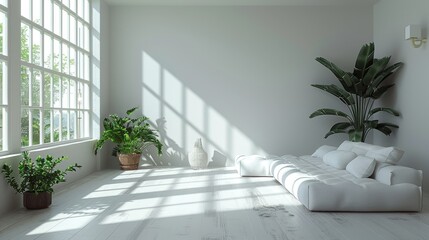 Natural Light Minimalist Design: A 3D illustration featuring a living room with minimalist design elements