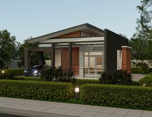 3D Rendering A small 1 storey house, nice to live, simple design, modern tropical house, beautiful with parking space and garden.