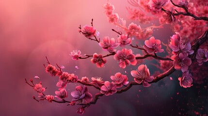 A branch of a tree with delicate pink flowers against a soft, out-of-focus background.

