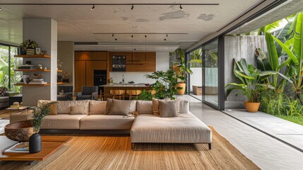 Open Concept Living Room Nature Integration: Images showcasing living rooms in open-concept settings