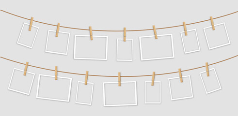  polaroids hanging from string difrent sizes