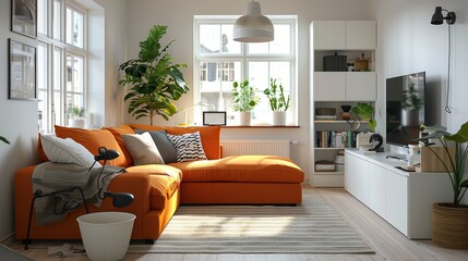 Obraz premium Small Living Room Creative Space Utilization: A photo showcasing a small living room with creative space utilization