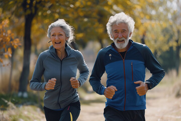 Fototapeta premium Senior couple jogging together in autumn