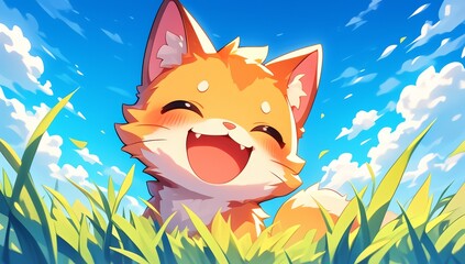 Fototapeta premium A cute cat smiles happily in the grass with a blue sky and white clouds in the background, in the style of anime, with a happy expression
