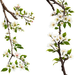 branches with white flowers and green leaves. The branches are set against a white background.