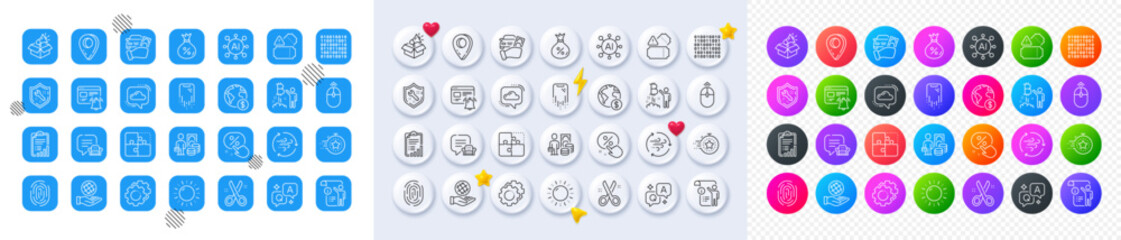 Sun energy, Loan and Cut line icons. Square, Gradient, Pin 3d buttons. AI, QA and map pin icons. Pack of Binary code, Money profit, Safe planet icon. Vector