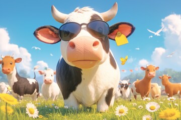 A cute cow wearing sunglasses standing in the grass, with blue sky and white clouds behind it. The field is full of flowers like daisies, which adds beauty to its appearance. 