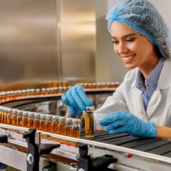 Pharmacist scientist with sanitary gloves examining medical vials on a production line_