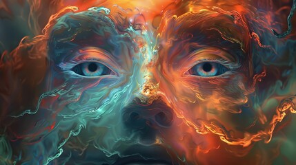 A mesmerizing digital artwork depicting an ethereal cosmic entity with a face formed by flowing colors and textures, representing the fifth dimension and auras
