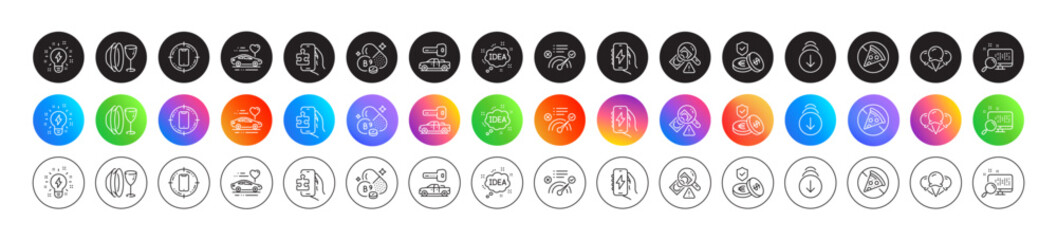 Dish plate, Fraud and Search line icons. Round icon gradient buttons. Pack of Inspiration, Puzzle game, Idea icon. Car key, Honeymoon travel, Scroll down pictogram. Vector