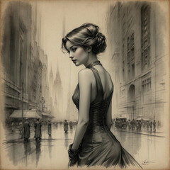 Elegant Lady in a Flowing Dress Portrait Drawing