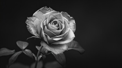 A black and white photo of a rose in full bloom against a black background.

