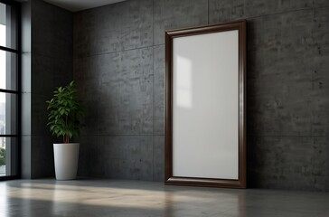 mockup, sign, white with wooden frame to promote your brand, logo or store, indoors next to the black wall and a green leafy plant.