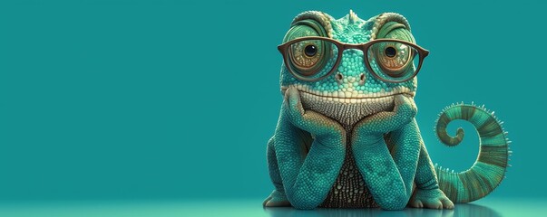 cute turquoise chameleon wearing glasses, solid teal background