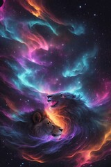 Beautiful Illustration Of Lion's Faces Roaring On A Nebula In The Space, Closeup