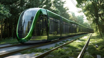 This is a conceptual depiction of sustainable public transportation systems, specifically focusing on the tram. The role of trams in reducing traffic congestion and environmental impact - obrazy, fototapety, plakaty