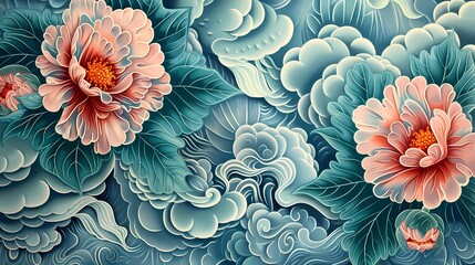 Vintage cloud flowers botanical pattern illustration poster background