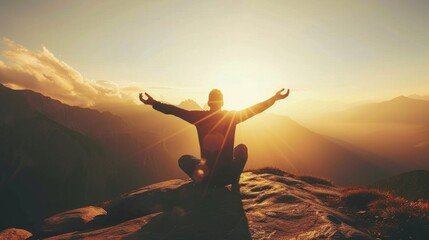 Silhouette of a person kneeling with his arms open and looking at the sky at sunset