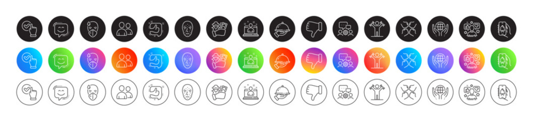 Organic tested, Squad and Sick man line icons. Round icon gradient buttons. Pack of Dislike hand, Best manager, Dumbbells workout icon. Users, Face biometrics, Engineering team pictogram. Vector