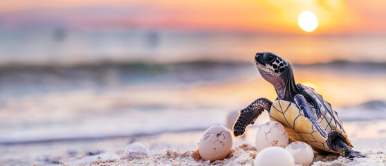 Endangered young baby turtles on the beautiful beach beautiful sea and sky background
