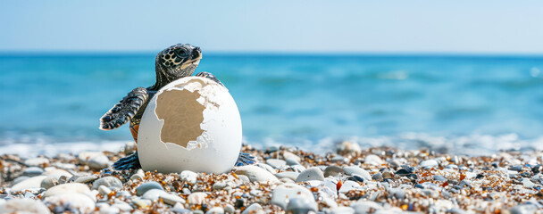 Obraz premium World Environment Day and World Ocean Day, Endangered young baby turtles on a beautiful beach, sea, and sky background