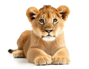 Baby Löwe auf vier beinen isoliert auf weißen Hintergrund, Freisteller