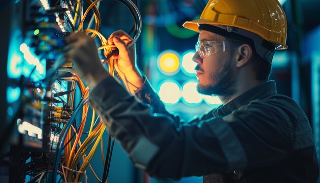 An internet technician maintains a fiber optic connection