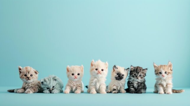 Group photo of baby cats over plain background