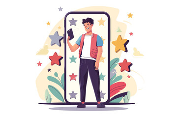 Illustration of a young man framed by a smartphone, surrounded by stars, portraying the concept of personal achievement and public acknowledgment in a virtual or digital context.