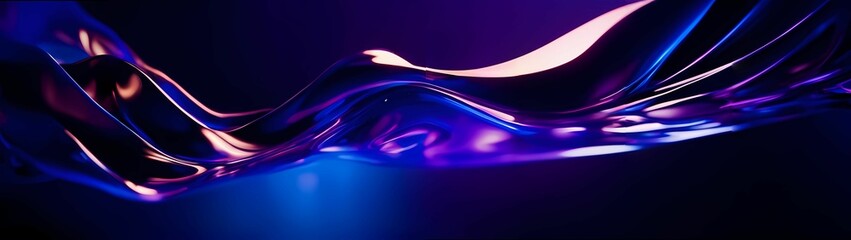 Abstract wavy background in purple and blue hues with a glossy, liquid metal appearance, wallpapers, or graphic design elements. Black blue purple silk satin. Сopy space for text or product. Banner  