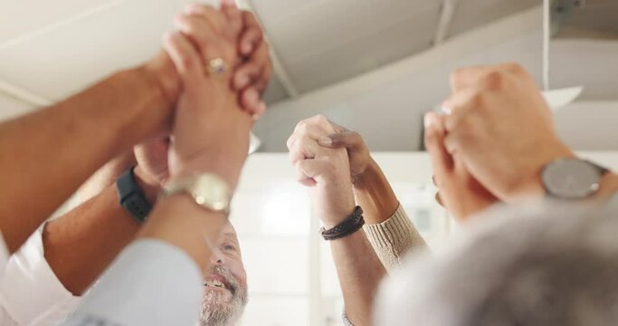Business people, holding hands and group with prayer in modern office with support, trust and link. Employees, faith and spiritual with synergy, connection and team building with care at workplace