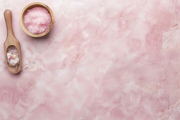 Himalayan pink salt in wooden bowl and spoon on a pink marble background. spa treatment, wellness composition. Banner, Copy Space. Exotic crystals mockup top View. Flat lay. Body cosmetics.
