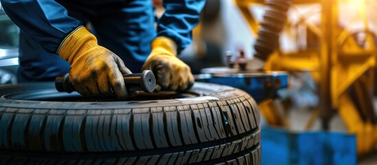 experienced hardworking mechanic in orange gloves is installing screws on a car wheel.