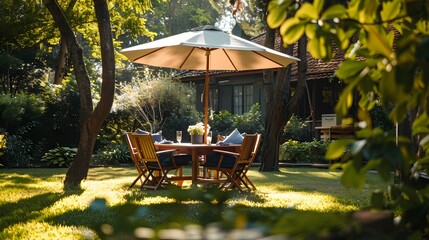 A family dinner at a wooden table with four chairs and a sun umbrella, arranged for a coffee picnic party on the grass near trees in a summer garden.