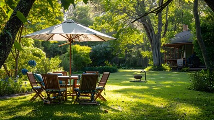 A family dinner at a wooden table with four chairs and a sun umbrella, arranged for a coffee picnic party on the grass near trees in a summer garden.