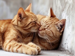 heartwarming scene captured in a close-up shot, where one ginger cat lovingly embraces and licks its companion against a pristine white wall. 
