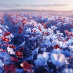 Frosty morning dew on a field of red, white, and blue flowers, mirroring the national flag.