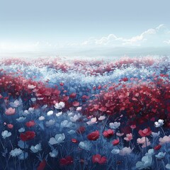 The icy dew glistened on the red, white, and blue blooms, evoking a patriotic aura in the early morning light.