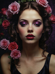 Beautiful woman with rose flowers in her hair portrait indoors