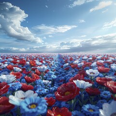 The frosty morning dew glistened on the red, white, and blue flowers, echoing the colors of the national flag.