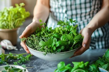 Cooking With Herbs. Woman Cooking Healthy Food with Fresh Green Ingredients and Spicy Herbs