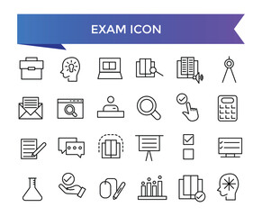 Exam icon collection. Related to test, score, quiz, questionnaire, results, pass, online exam and more. Line vector icons set.