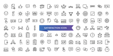 Satisfaction icon collection. Related to happiness, fulfillment, satisfied, joy, recommend, thankful, gratification and positive feedback. Vector Line symbol set.