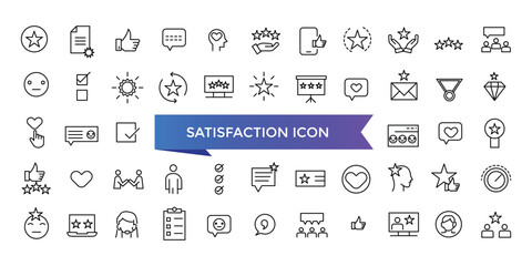 Satisfaction icon collection. Related to happiness, fulfillment, satisfied, joy, recommend, thankful, gratification and positive feedback. Vector Line symbol set.
