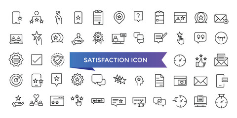 Satisfaction icon collection. Related to happiness, fulfillment, satisfied, joy, recommend, thankful, gratification and positive feedback. Vector Line symbol set.