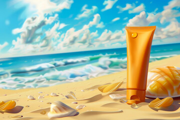 sunscreen in an orange tube stands on the sand against the background of the ocean. UV protection. illustration