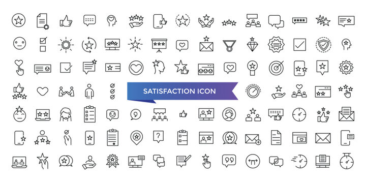 Satisfaction icon collection. Related to happiness, fulfillment, satisfied, joy, recommend, thankful, gratification and positive feedback. Vector Line symbol set.
