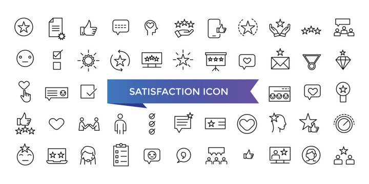 Satisfaction icon collection. Related to happiness, fulfillment, satisfied, joy, recommend, thankful, gratification and positive feedback. Vector Line symbol set.
