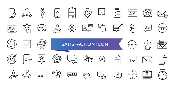 Satisfaction icon collection. Related to happiness, fulfillment, satisfied, joy, recommend, thankful, gratification and positive feedback. Vector Line symbol set.