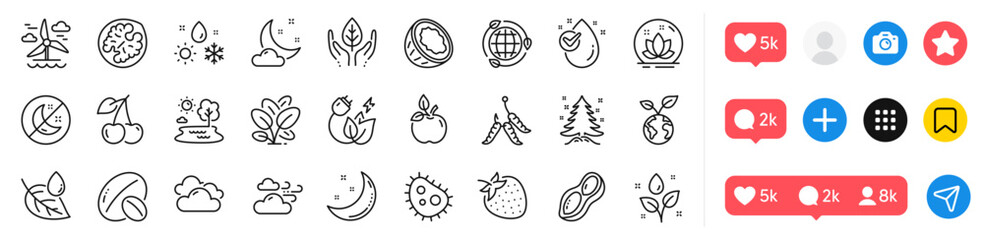 Fair trade, Soy nut and Bacteria line icons pack. Social media icons. Water drop, Eco food, Moon stars web icon. Cherry, Windy weather, Eco energy pictogram. Lake, Christmas tree, Insomnia. Vector